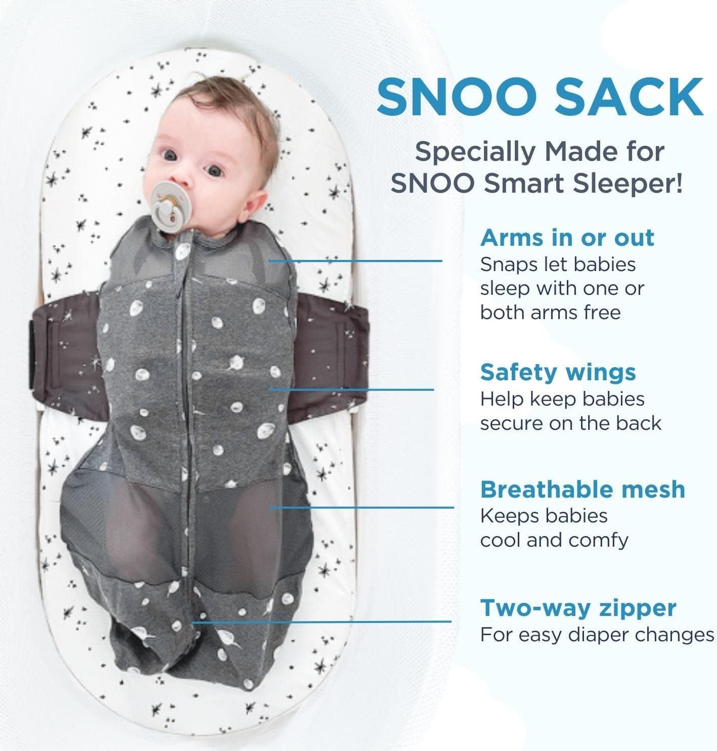 Happiest Baby SNOO Sleep Sack - 100% Organic Cotton Baby Swaddle Blanket - Doctor Designed Promotes Healthy Hip Development (Graphite Planets, Small)