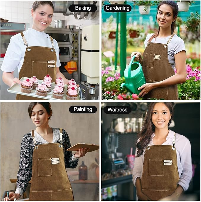 Cotton Canvas Cross Back Apron for Art Painting Garden Chef Bartender Work,Women Men 3 Pockets Waterproof Adjustable M-XXL
