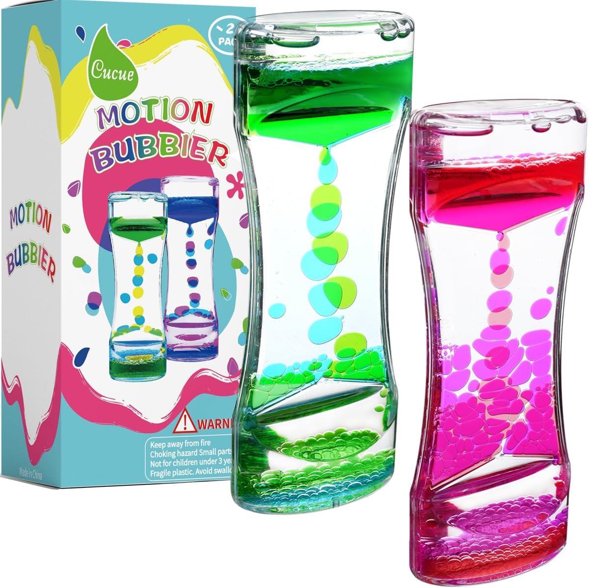 Liquid Motion Bubbler Timer, Colorful Liquid Hourglass Sensory Toys with Floating Droplets for Calming, Relaxing and Fun2 Pack Fidget Toys for Kids and Adults (Red/Pink+Green/Blue)