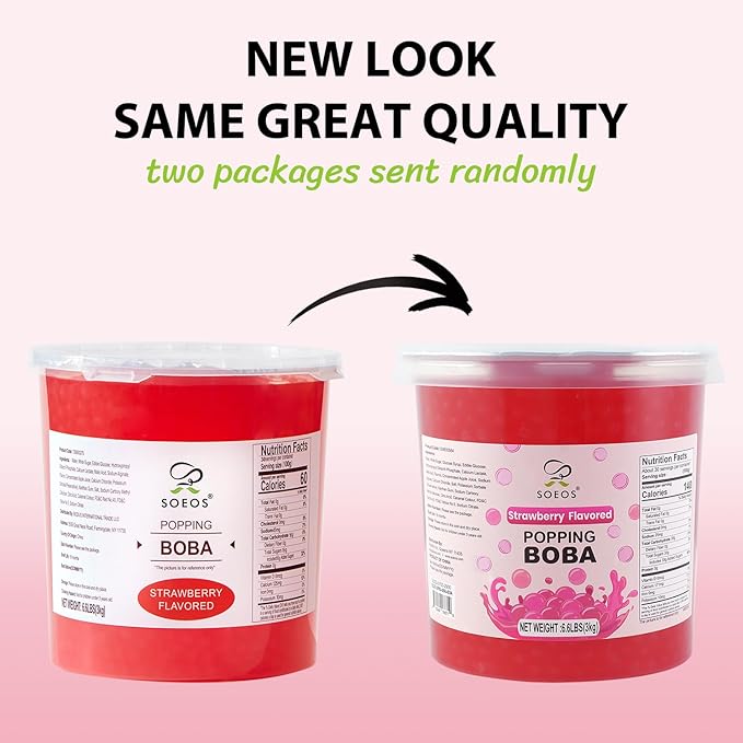 Soeos Strawberry Popping Boba Pearls 6.6 Pounds, Bursting Boba Pearls for Bubble Tea, Beverages, Shakes, Desserts, Smoothie and Ice Cream Topping