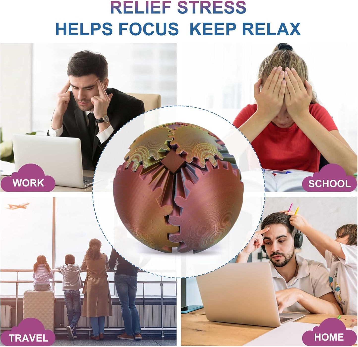 Gear Ball, Gear Sphere, 3D Printed Gear Ball Spin Ball Cube Fidget Toys GearSphere Ball, Stress Ball, Gear Sphere Desk Toy, Fidget Ball, Gear Toy for Stress and Anxiety Relaxing (Laser Color F)