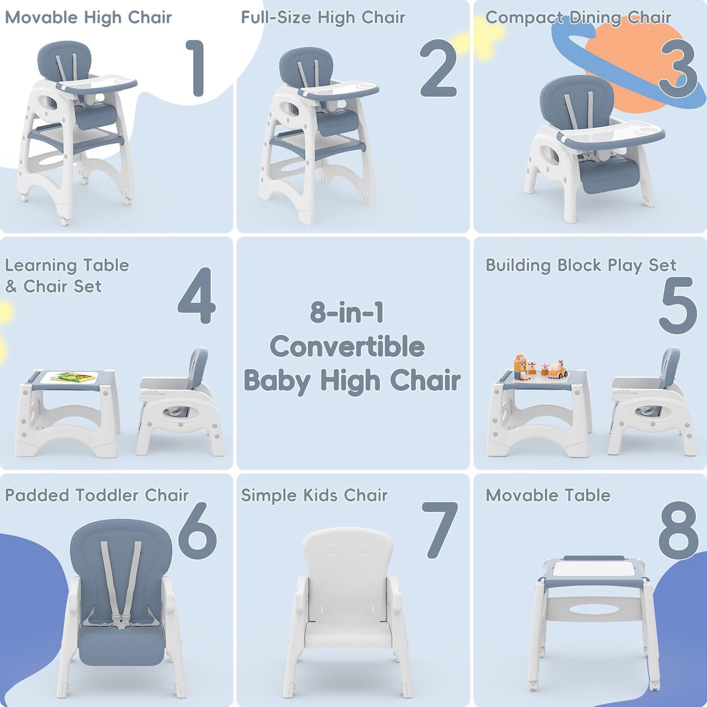 Xilingol 8 in 1 Convertible Baby High Chair W/Wheels, Baby Feeding Chair W/Adjustable Backrest & Removable Dual Tray, Building Block Table & Chair Set, HighChair for Babies & Toddlers (Blue)