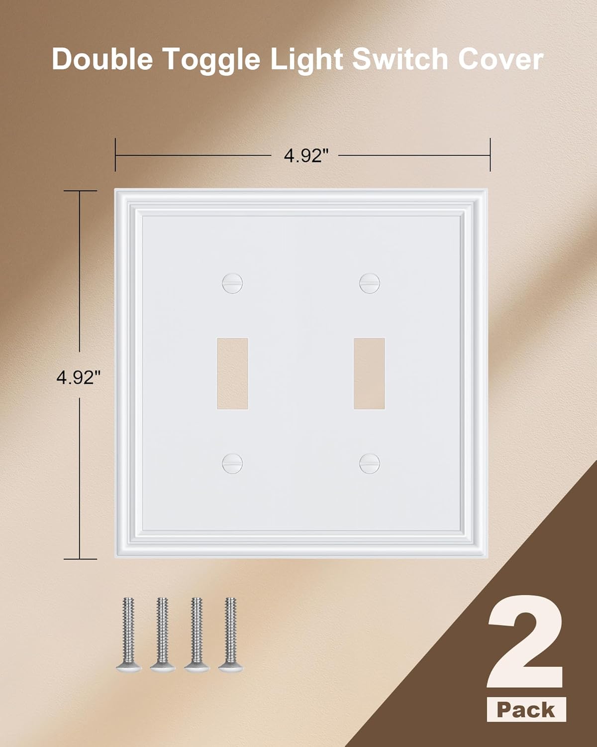 2-Pack Double Toggle Light Switch Cover Plate, Durable Solid Zinc Alloy Decorative Dual Switch Plate Covers, Pure White 2 Gang Wall Plate, Corrosion Resistant