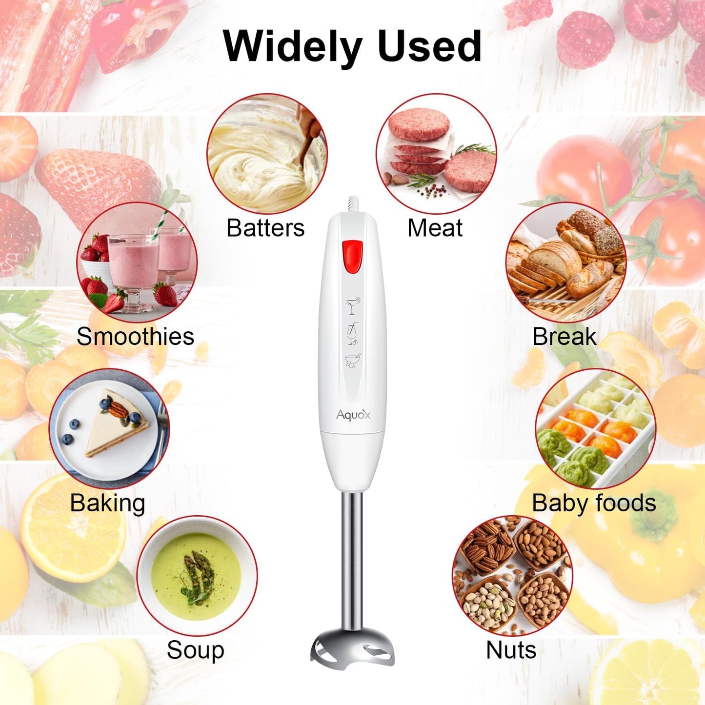 Immersion Blender 4 in 1, 16000rpm Speed, 400W Turbo Motor & Ergonomic Grip Hand Blender Set, Splash-Proof Stainless Steel Blades, for Soup, Baby Food, Smoothies, Sauce (Red+Ivory)