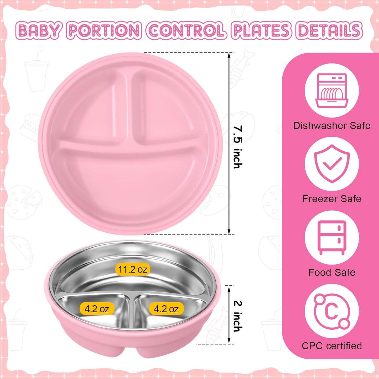 Nuogo 3 Pcs Stainless Steel Baby Suction Plates with Removable Silicone Shell 2-in-1 Metal Toddler Bowl Divided for Picky Eaters Kid Feeding Led Weaning Supply, Dishwasher Safe (Red Series)