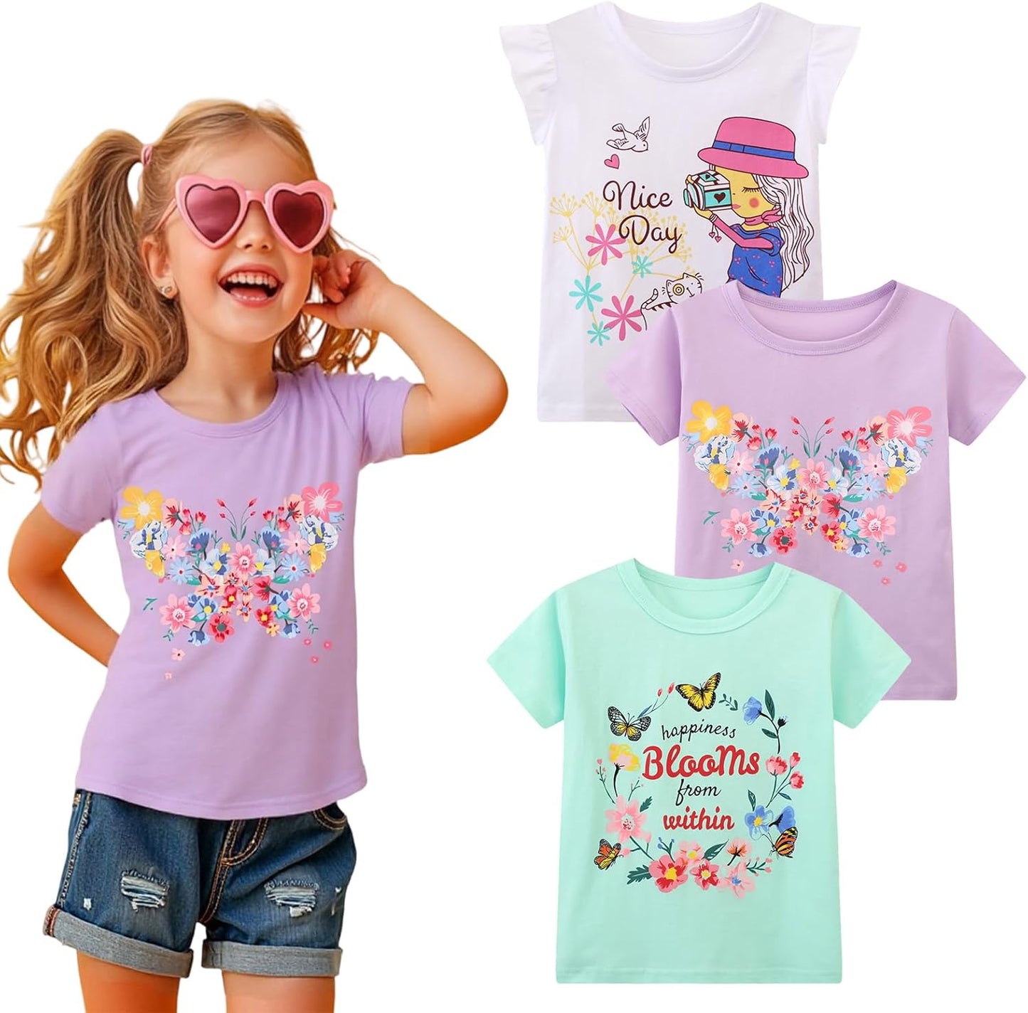 HILEELANG Girls' Tees Ruffle Short Sleeve T-Shirt Cotton Casual Graphic Summer Crewneck Tunic Tops