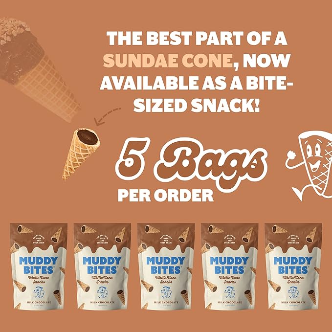 Muddy Bites Waffle Cone Snacks Bite Sized Chocolate Filled Waffle Cones for Snack or Dessert, Ice Cream Topping, Premium Chocolate made with Pure Cane Sugar, Kosher (Milk Chocolate, 5 Bags)
