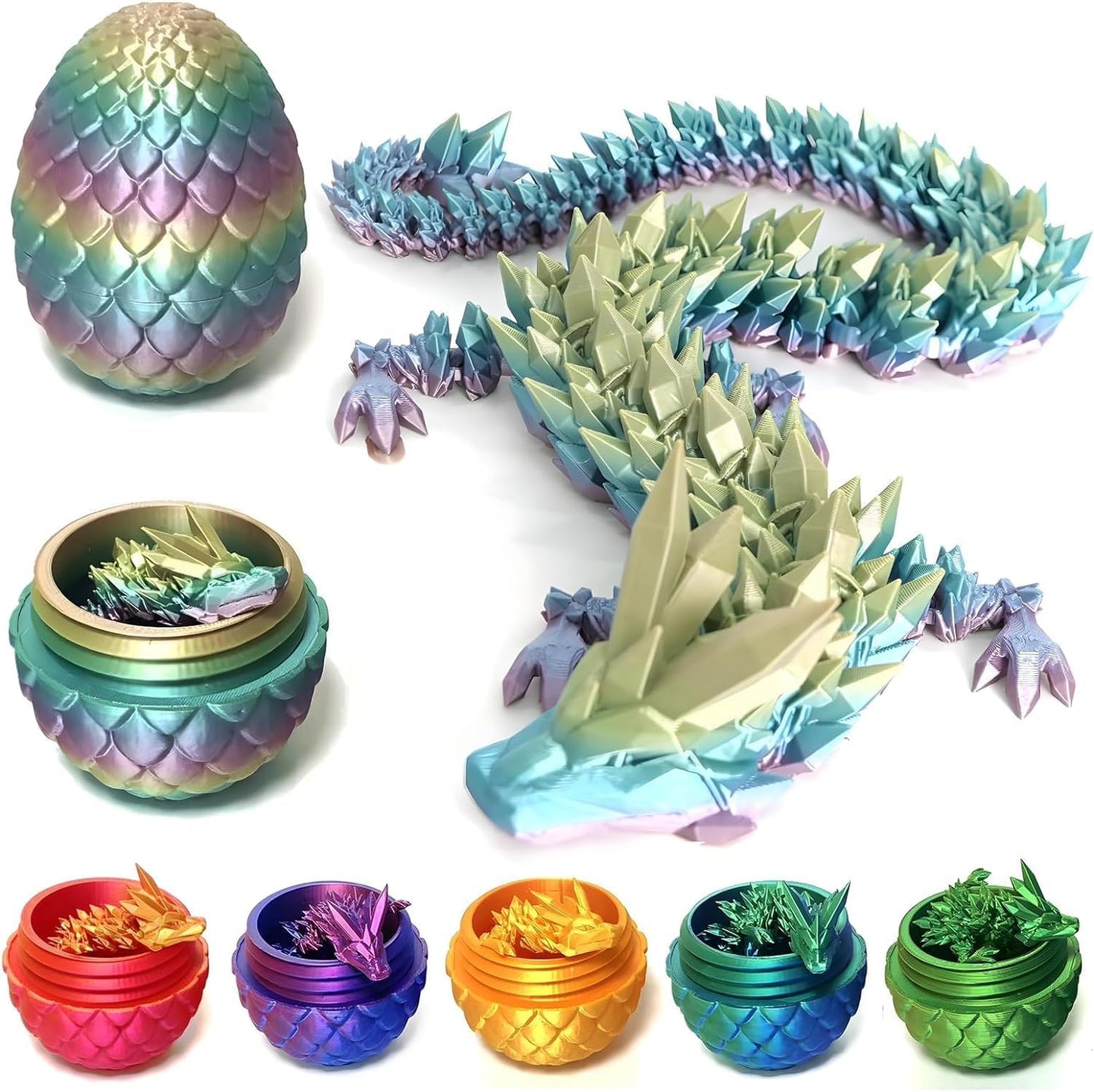 3D Printed Dragon Fidget Toys Dragon Egg 12inch Flexible Dragon Toy 3D Printed Dragon Egg with Articulated Dragon Inside Fidget Toys for Autism/ADHD Easter Toys Gifts(RainbowMulti)