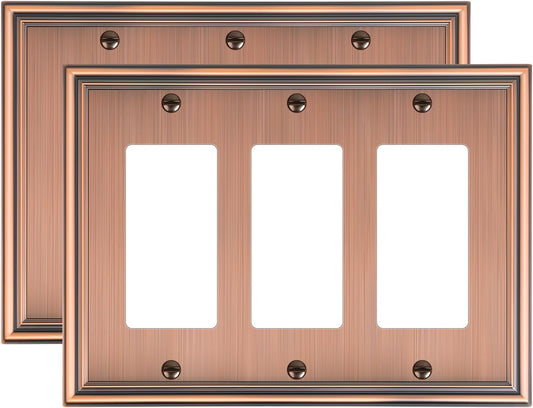 2-Pack Decorative Tripple Decorator Outlet Cover Plate, Durable Zinc Alloy Antique Copper Wall Plates for Electrical Outlet, Receptacle, GFCI Outlet, Dimmer Switch, 3-Gang Corrosion Resistant