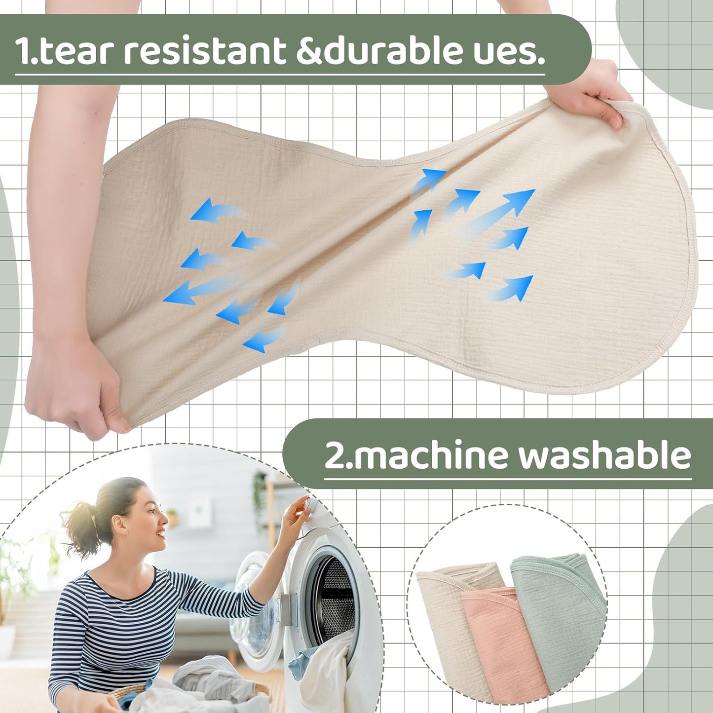 3 Pcs Changing Pad Liners Fits in Peanut Shape Changing Pad Waterproof Diaper Mats Organic Cotton Peanut Mats are Warm on a Baby's Back, Washable Reusable(Fresh Style,Green)