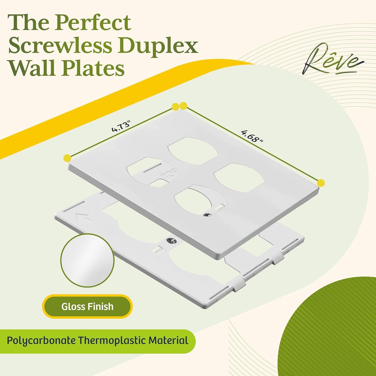TG Screwless Duplex Wall Plate, Child Safe Double Receptacle Outlet Cover, Standard Size, 2-Gang 4.68" x 4.73", Unbreakable Polycarbonate Thermoplastic, UL Listed, SP-S2-W, Glossy, White