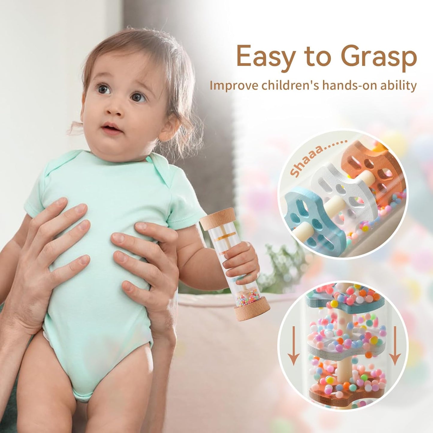 Youuys Wooden Baby Rattle Set (3pcs) - Crochet Rattle Rain Stick Teething Toys, Wooden Montessori Toy for Newborn Infant Baby Rattles Set Toys 3-6-12 Months (Bunny)