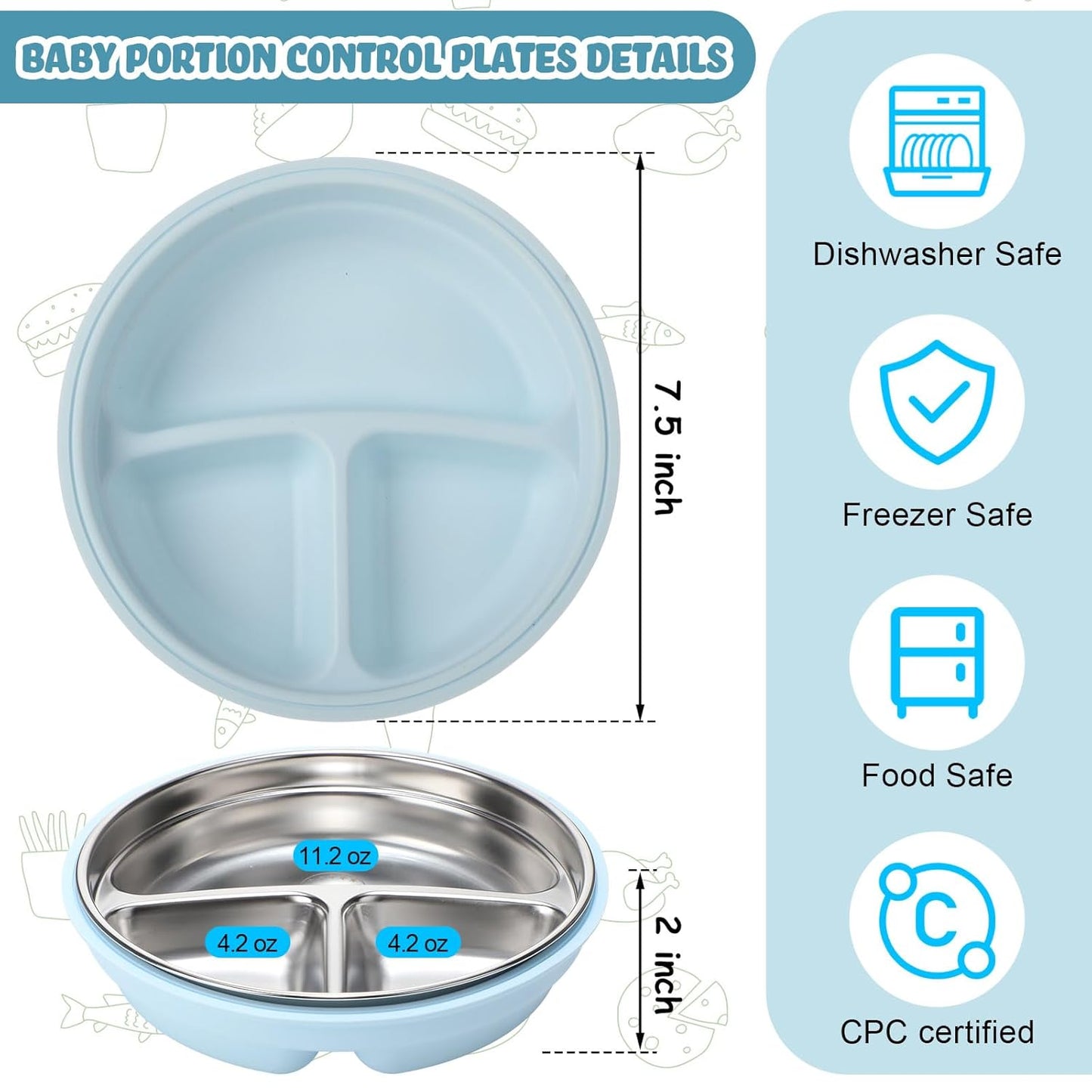 Nuogo 1 Pcs Stainless Steel Baby Suction Plates with Removable Silicone Shell 2-in-1 Metal Toddler Bowl Divided for Picky Eaters Kids Feeding Led Weaning Supplies, Dishwasher Safe (Light Blue)