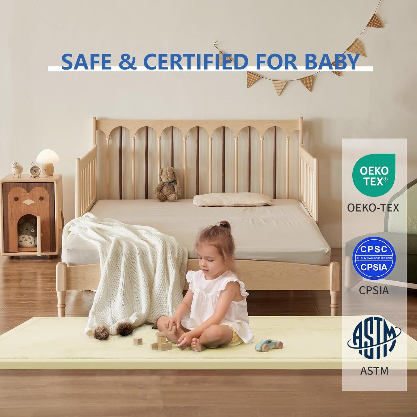 Play Mat for Babies Toddlers,1.3" Thick Elasti-Foam Anti-Fall Cushion Mat for Kids Room,28×72 Bedroom Bedside Rugs,Water-Repellent Soft Coral Velvet,Non-Slip(Vanilla)