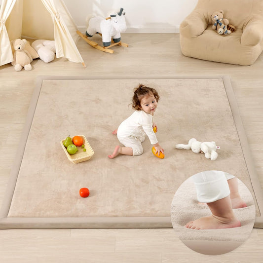 Ultra Soft Baby Play Mat,71"×79" Extra Large Activity Tummy Time Mat for Toddlers,Infants,Kids,1.3" Thick Elasti-Foam Nursery Rug for Floor,Non-Slip Safe for Crawling,Water-Repellent(Beige)