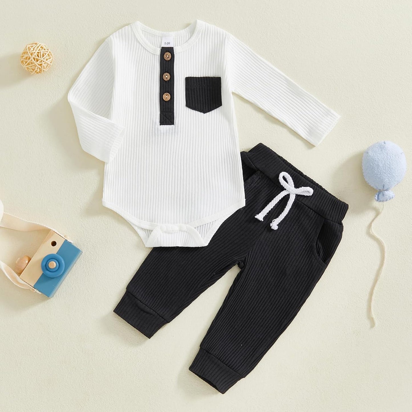 fhutpw Baby Boy Clothes 3 6 12 18 Months Ribbed Knitted Long Sleeve Romper and Pants Sets Newborn Fall Splicing Color Outfits