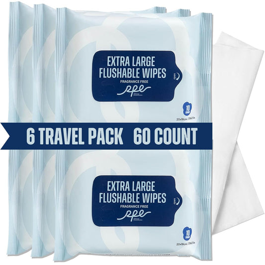 Flushable Wet Wipes - 6 Portable Travel Size Packs (60 Ct) - Unscented Extra-Large Body & Hand Tissue with Vitamin E & Aloe - For Adults, Kids & Children - Perfect for On-the-Go & Outdoor Use