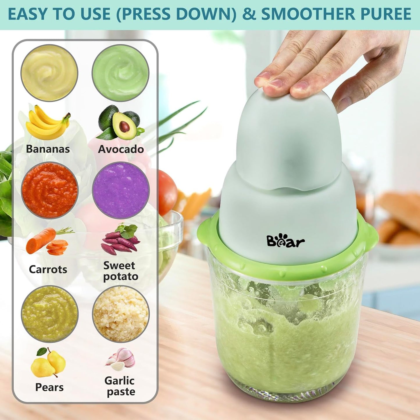 Bear Baby Food Maker, Baby Food Processor Set with Baby Food Containers, Silicone Spoons, Baby Food Puree Blender for Fruit, Vegetable, Meat, Make Fresh and Nutritious Meals for Your Little One