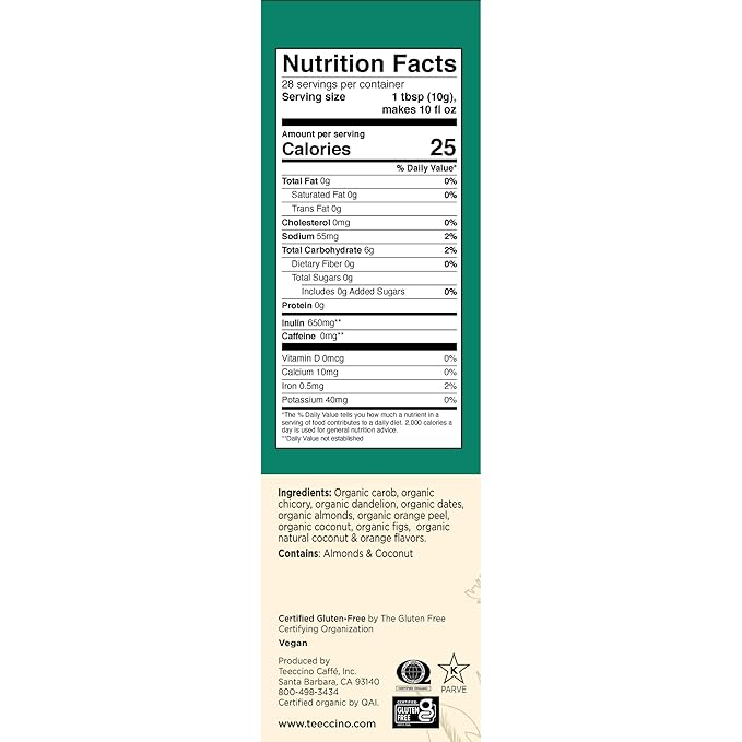 Teeccino Dandelion Red Chai Herbal Coffee - Caffeine-Free Coffee Alternative with Prebiotics, Gluten Free, Acid Free - Medium Roast, 10 oz