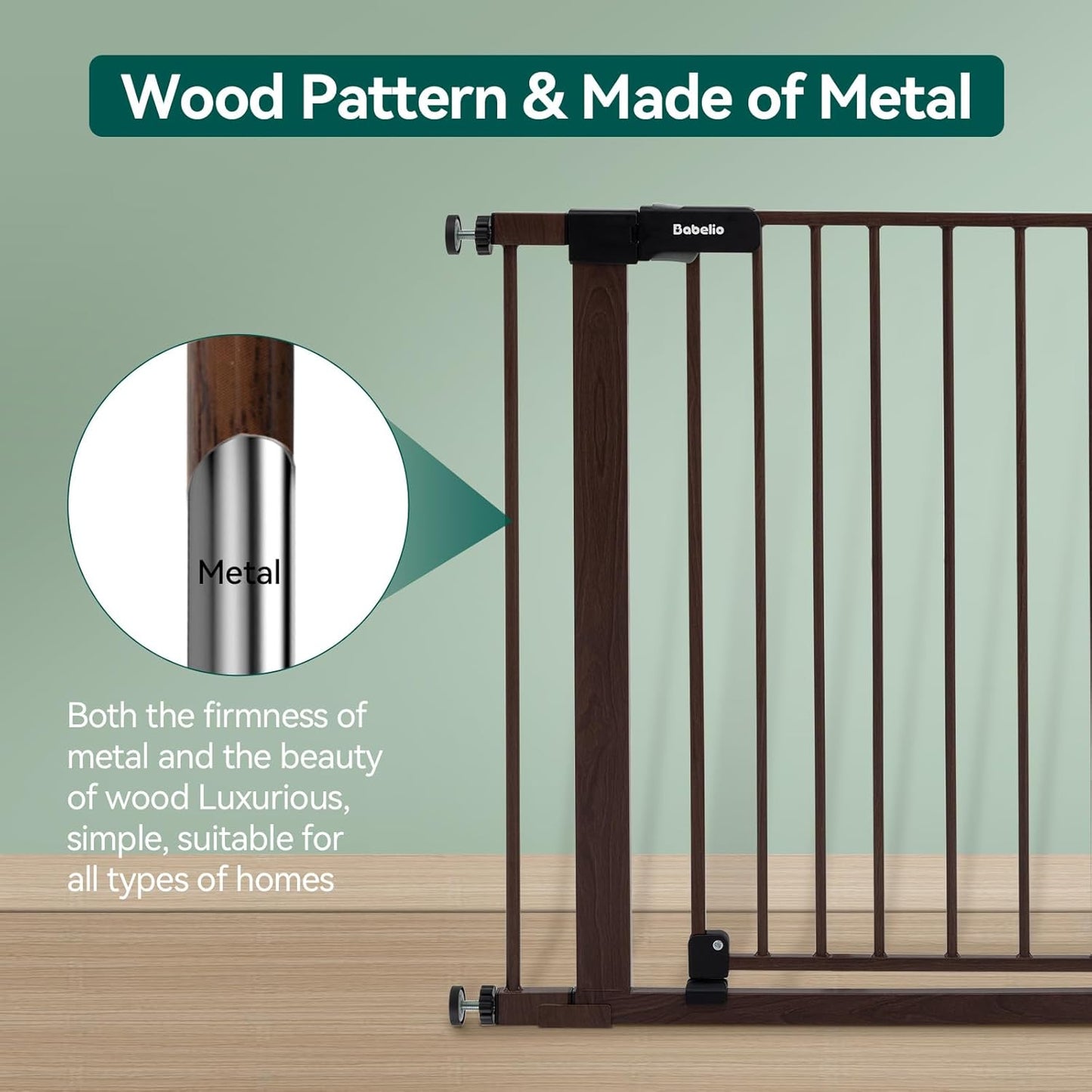 BABELIO 29-40" Metal Baby Gate with Black Wood Pattern, Auto Close Dog Door for The House、Stairs and Doorways, Pressure Mounted Pet Barrier, with Wall Protectors and Extenders