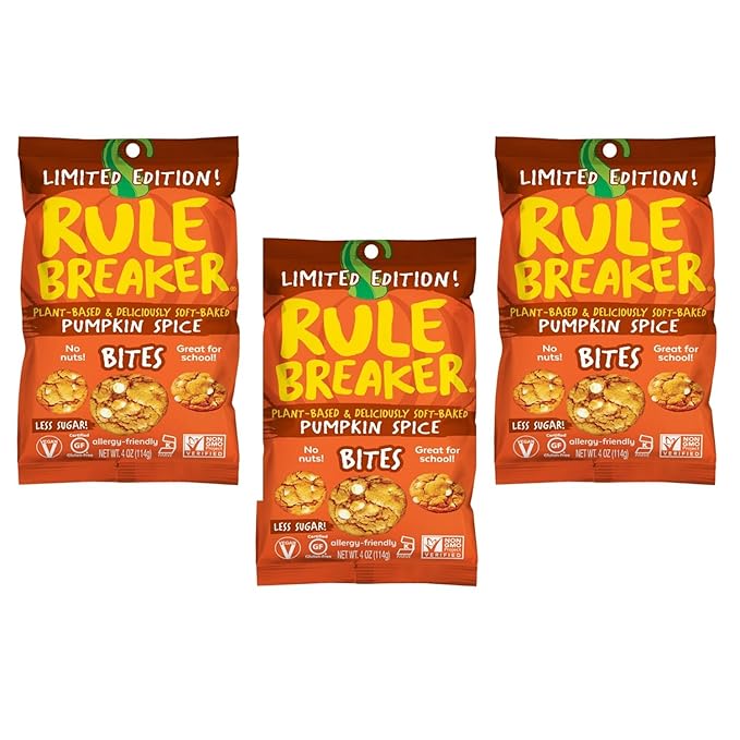Rule Breaker Vegan & Gluten-Free Cookies | Pumpkin Spice Bites | Plant-Based, Dairy, Nut, Soy, Allergen Free, Kosher | Soft-Baked School Snacks for Kids and Adults | Better-For-You Bites (Pack of 3)