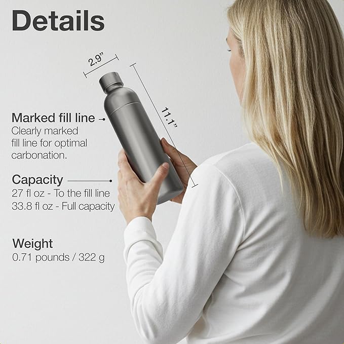 Premium 33 oz Stainless Steel Bottle | Compatible with Aarke Carbonator 3, Sodastream (excl. Aqua Fizz + Jet) and many others | Dishwasher Safe, No Expiration Date | 2-Pack