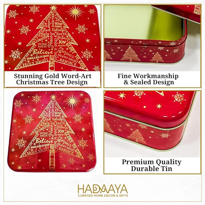 Metal Square Festive Christmas Cookie Tin with Lid | Festive Holiday Storage for Candy Snacks Holiday Christmas Party Decor Favor Gift Box RED GOLD JOY SNOWFLAKE