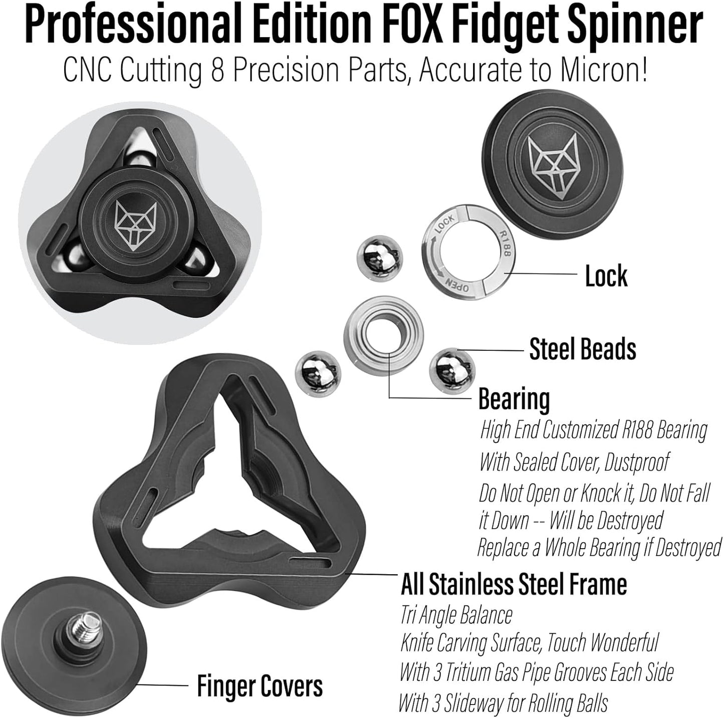 FREELOVE Upgraded Fox Metal Fidget Spinner for Adults, Steel/Glow Balls Clicking Noise, Mini Small Tiny Pocket Tri Finger Gyro, Long Spinning Premium Bearing Toy, Stainless Steel CNC, Stone Black