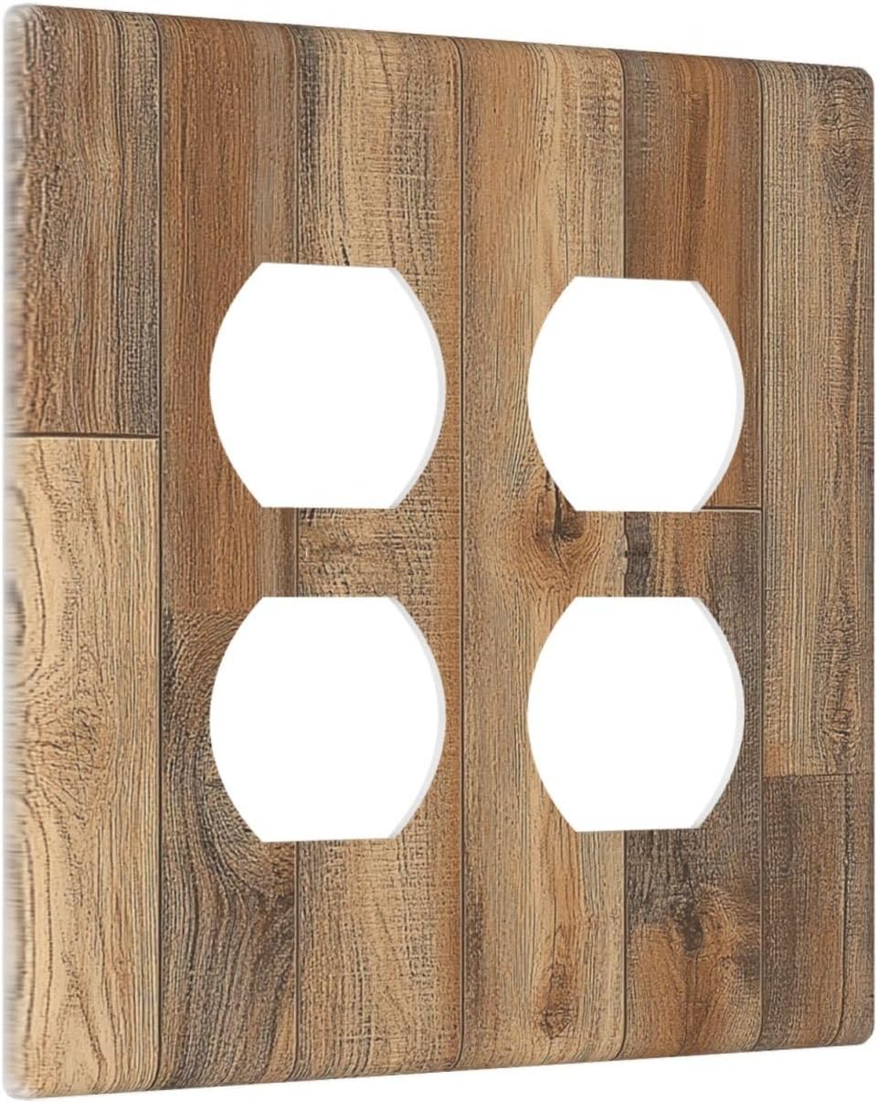 Outlet Covers Retro Rustic Brown Wood Grain 2 Gang Double Duplex Decorative Light Switch Covers Electrical Wallplates Socket Faceplate For Farmhouse Cabin Decor