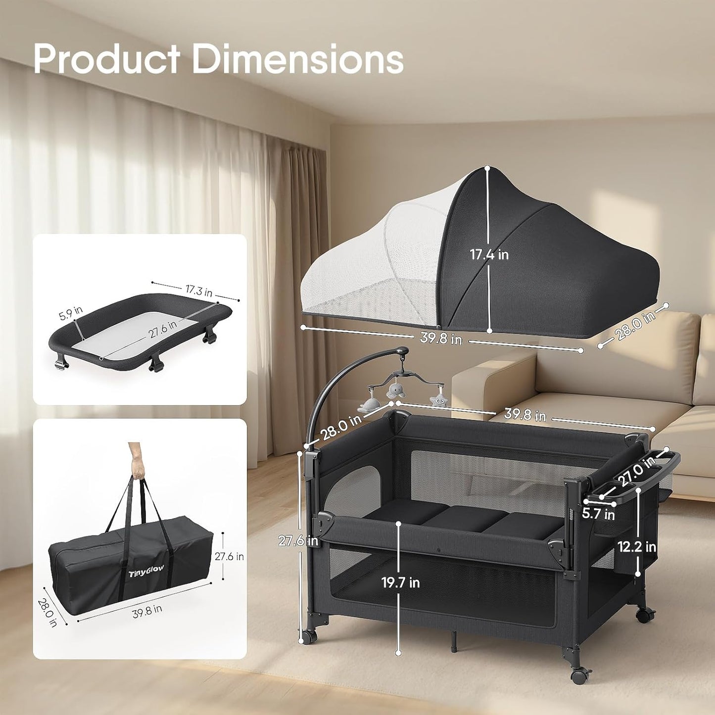 4 in 1 Baby Bassinet, Pack and Play, Bedside Crib Sleeper, Diaper Changer, Quickly Assembled and Folded Portable Crib with Mattress and Mosquito Net, Easy to Carry