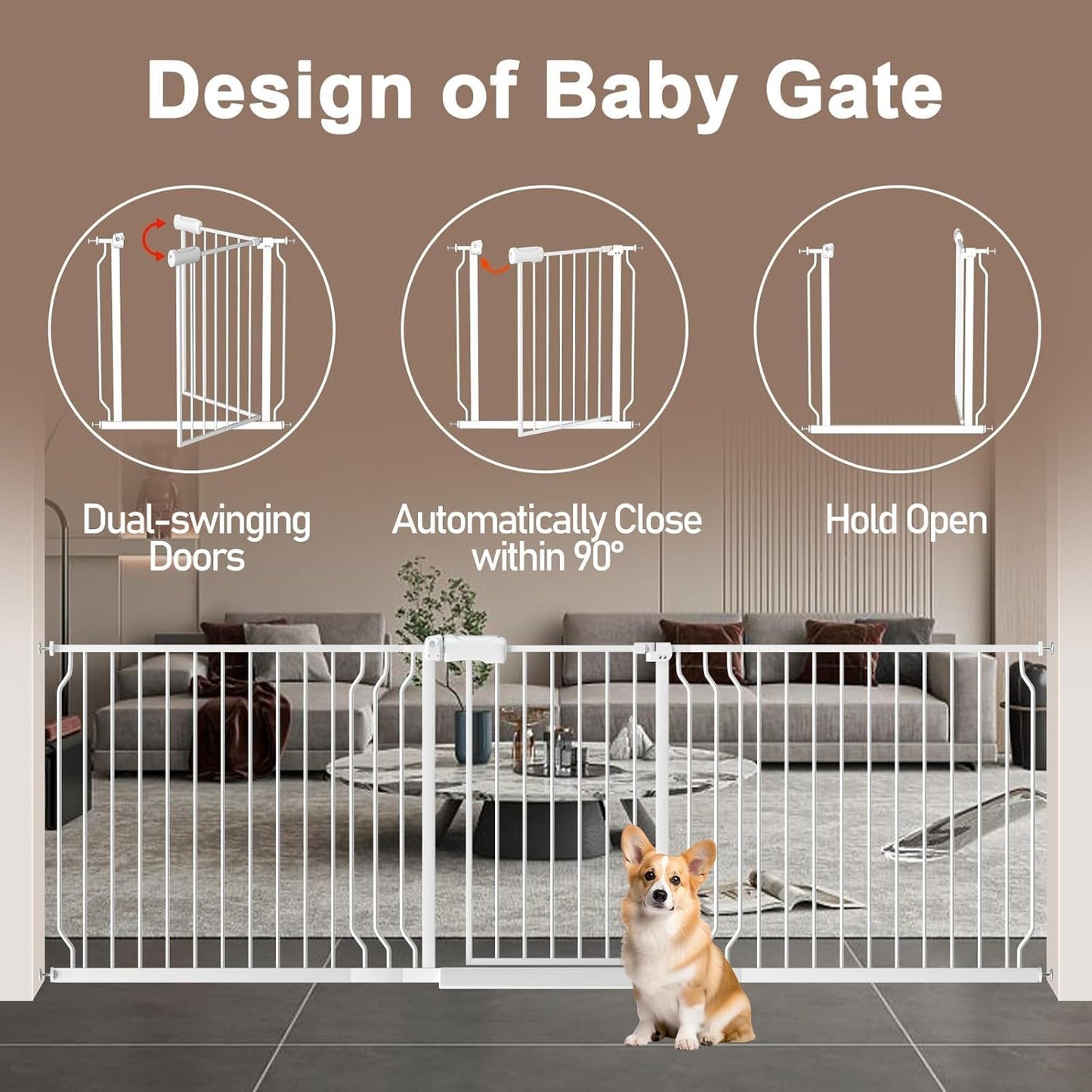 WAOWAO Baby Gate 52.76-62.2" Extra Wide Pressure Mounted Walk Through Swing Auto Close Safety White Metal Toddler Kids Child Dog Pet Puppy for Stairs,Doorways,Kitchen