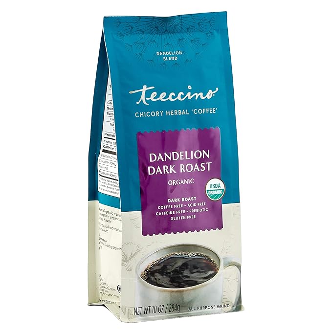 Teeccino Dandelion Dark Roast Herbal Coffee - 10 oz - Caffeine-Free Coffee Alternative with Prebiotics, Gluten Free, Acid Free, Organic