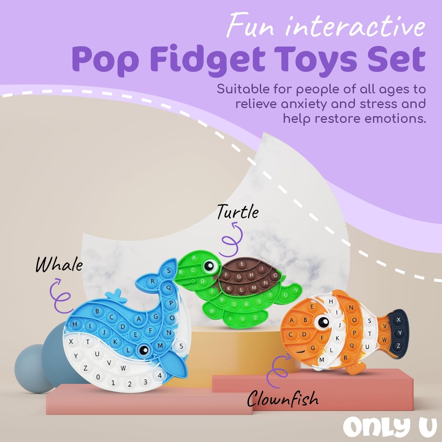 Marine Pop Fidget Toys Set with ABCs, Silicone Rainbow Dinosaur Popper Fidget Set for Children, Sensory Squeeze Toys Stress Reliever Tool for Kids Adult ADHD 3 Pack, Whale, Turtle and Clownfish