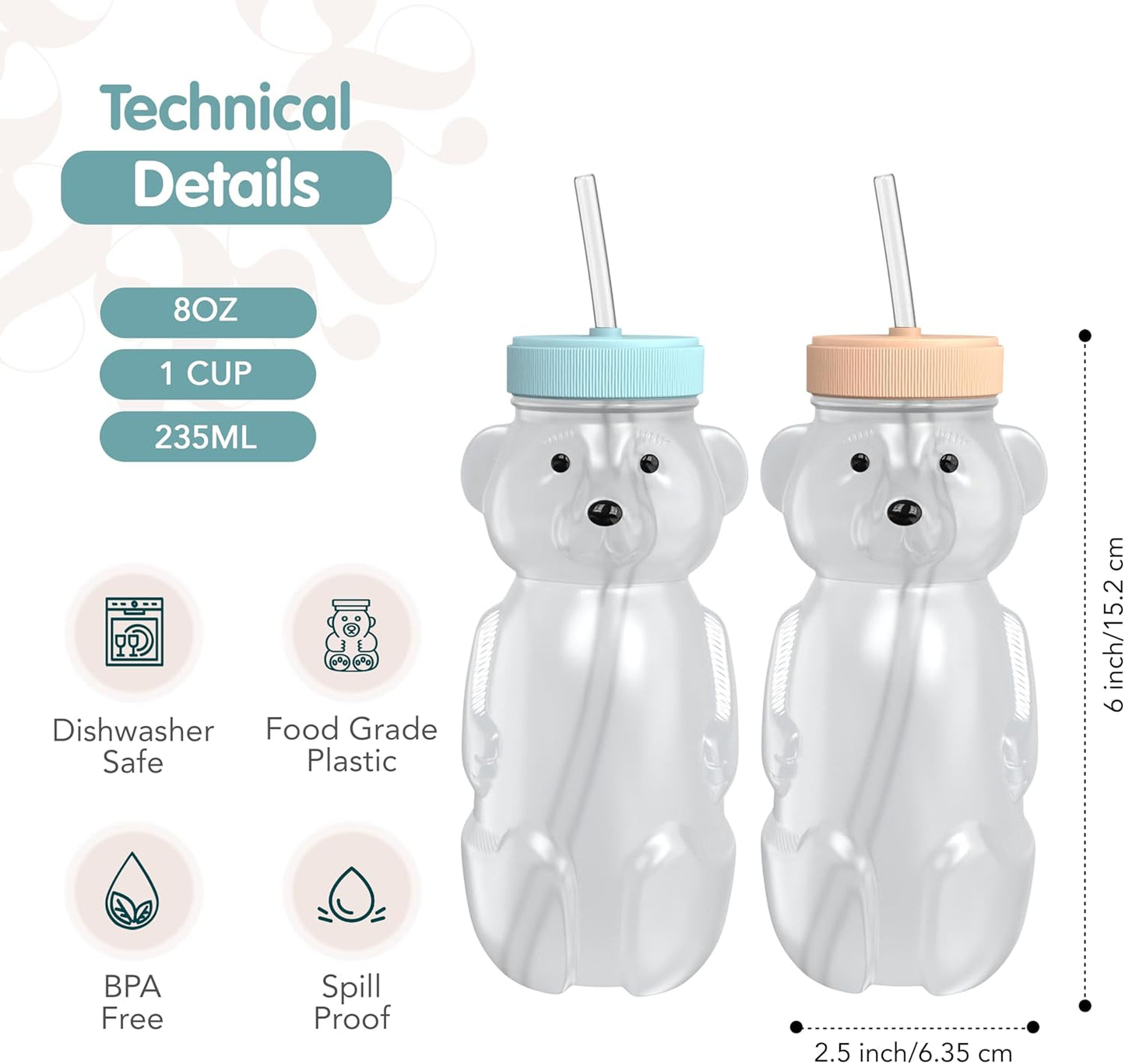 Honey Bear Straw Cup for Babies, 2-Pack Honey Bear Bottle with Travel Lid, Therapy Learning Honeybear Straw Cup, Baby Bottle Set, 8 oz, Creamsicle & Blizzard