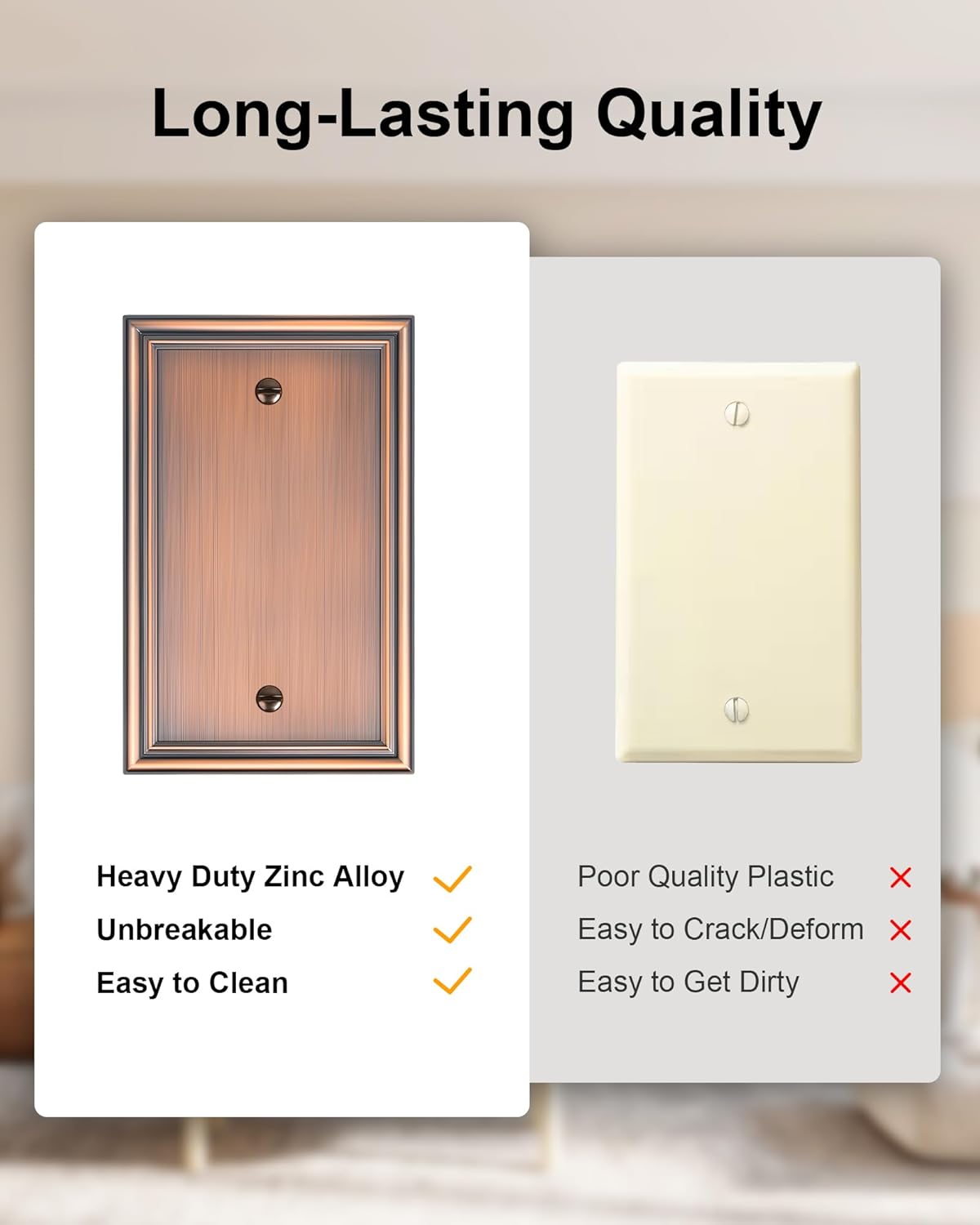 2-Pack Single Blank Wall Plates, Durable Solid Zinc Alloy Blank Outlet Covers, Decorative Antique Copper Wall Plate Cover for Unused Outlets/Switches, Corrosion Resistant