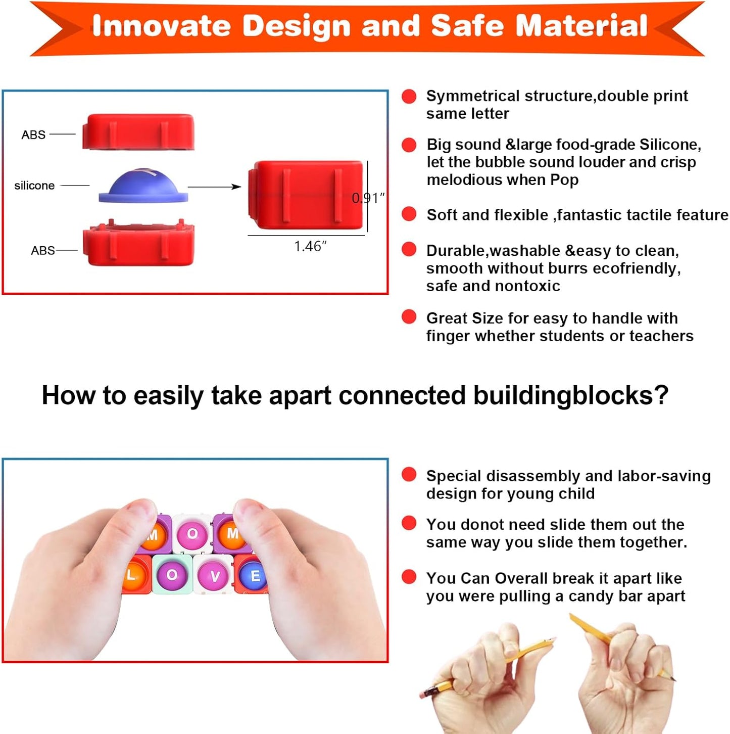 Lowercase Alphabet Multisensory Reading&Phonics Interactive Tools。Giant Silicone Bubble&Loud Crisp Sound&Infinite DIY Sight Words。Funny Learning Reading&Spell in Weeks by Pop Fidget Blocks