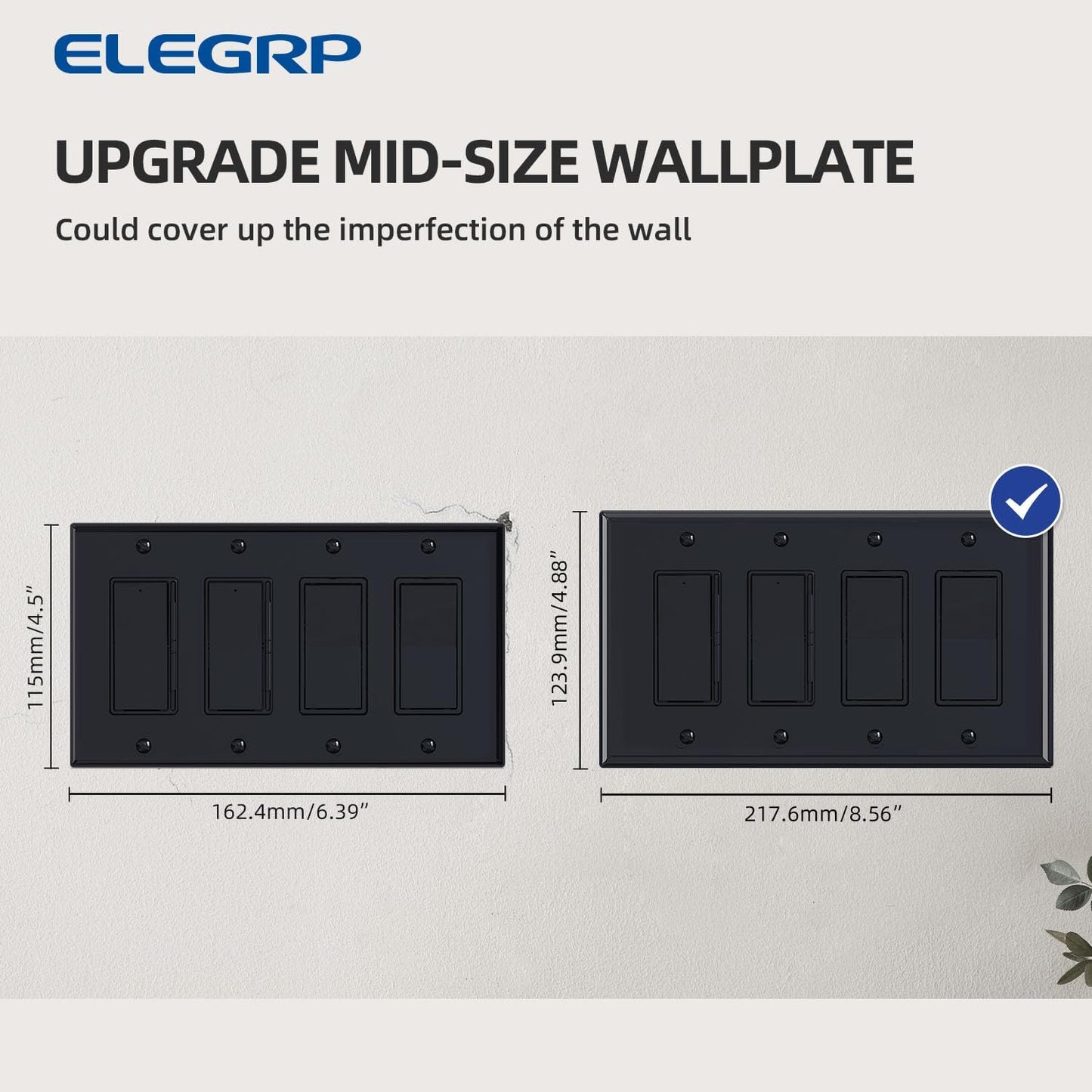 ELEGRP 4-Gang Decorative Wall Plates, Mid-Size 4.88" H x 8.57" L Unbreakable Thermoplastic Faceplate Cover for Decorator Receptacle Outlet Switch, UL Listed (2 Pack, Glossy Black)