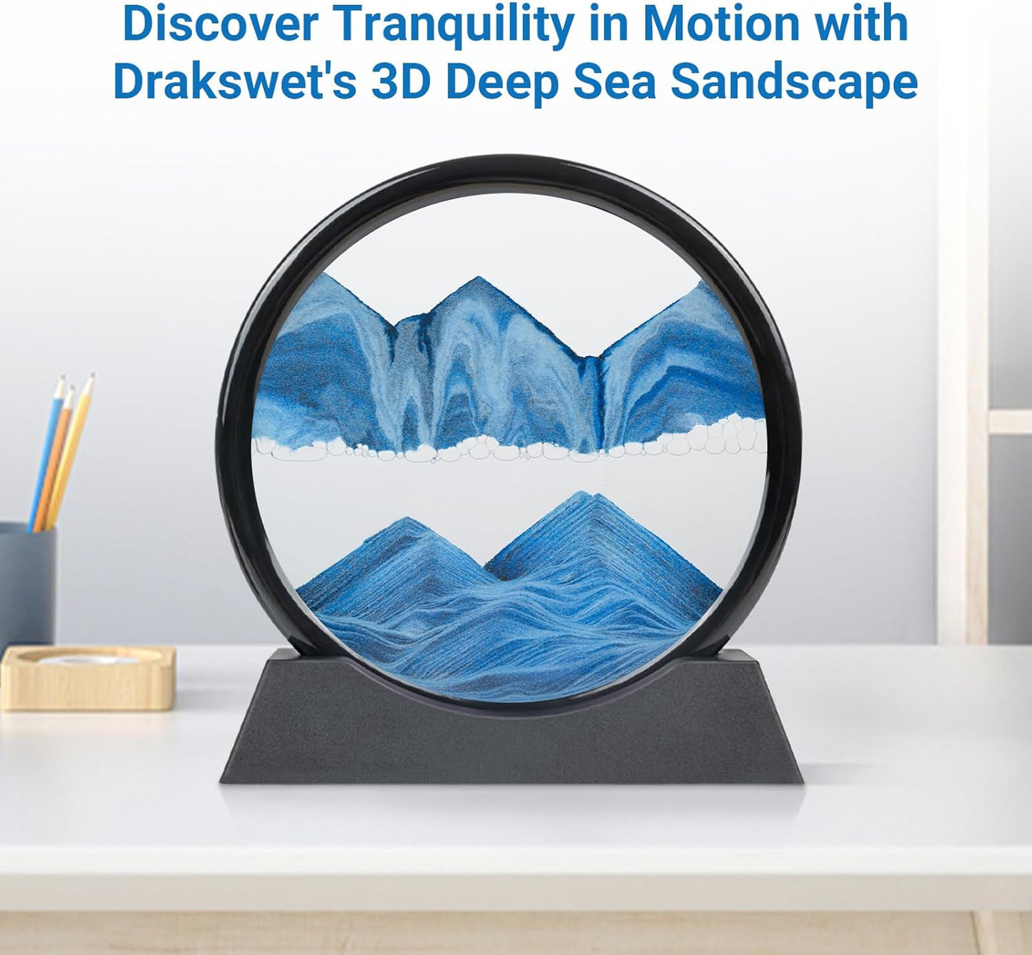 Drakswet Moving Sand Art Liquid Motion，Moving Sand Art Picture-3D Deep Sea Sandscape，Round Glass Frame Display Flowing Sand Relaxing Desktop Home Office Work Decor (Blue)