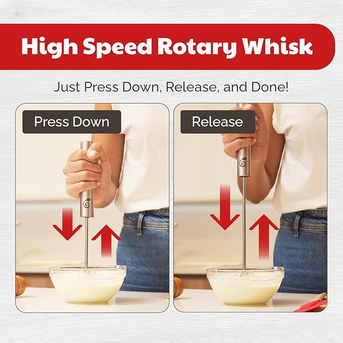 Stainless Steel Egg Whisk - Easy to Use Semi-Automatic Push-Down Zip Whisker - Rotary Hand Mixer for Beating Eggs, Frothing Milk, Blending, Mixing, Whipping Smoothies & Shakes - 2 Pack (12 &14 Inch)