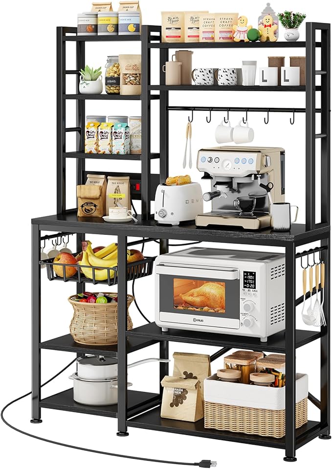 Baker Rack with Power Outlet - Microwave Stand with Storage, Large Coffee Bar Station with 14 Hooks, Metal Kitchen Shelf Rack for Spices, Pots (Rustic Black)