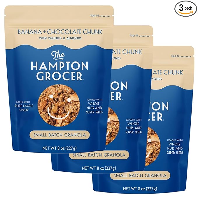 The Hampton Grocer Banana & Chocolate Chunk Granola, 3 pack - Gluten-Free, Dairy-Free, Made with Real Bananas, Walnuts & Maple Syrup - Crunchy, Small-Batch, 8oz