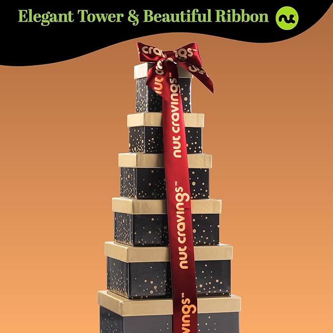 NUT CRAVINGS - Thanksgiving Mixed Nuts Gift Basket Black Tower + Heart Ribbon (12 Assortments) Holiday Xmas Christmas Food Arrangement, Healthy Snack Care Package, Food Assortments