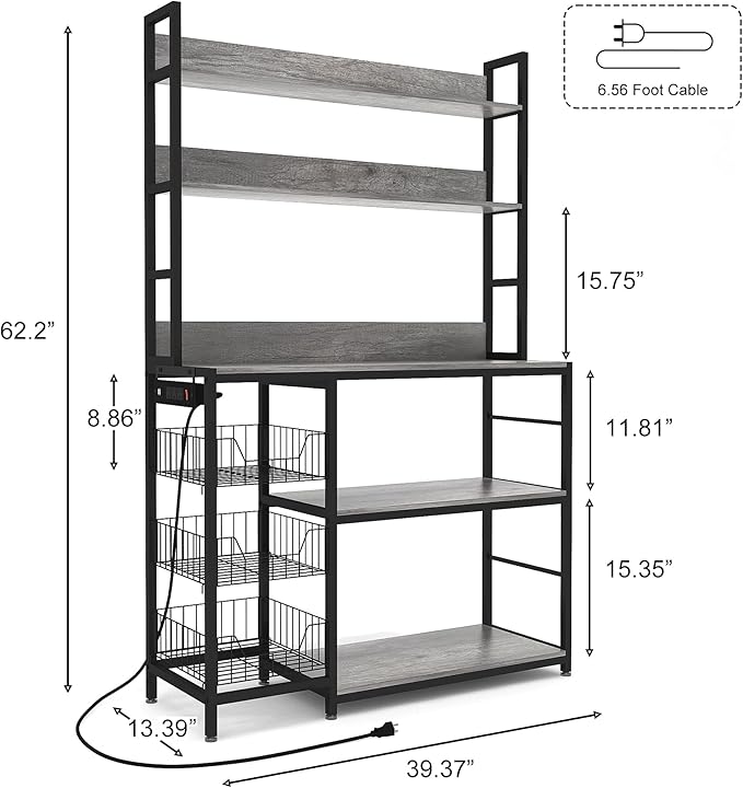 Kitchen Bakers Rack with Baskets and Power Outlet,5-Tier Kitchen Utility Storage Shelf with Hooks, Microwave Oven Stand Rack,Vintage Grey Free Standing Kitchen Shelf