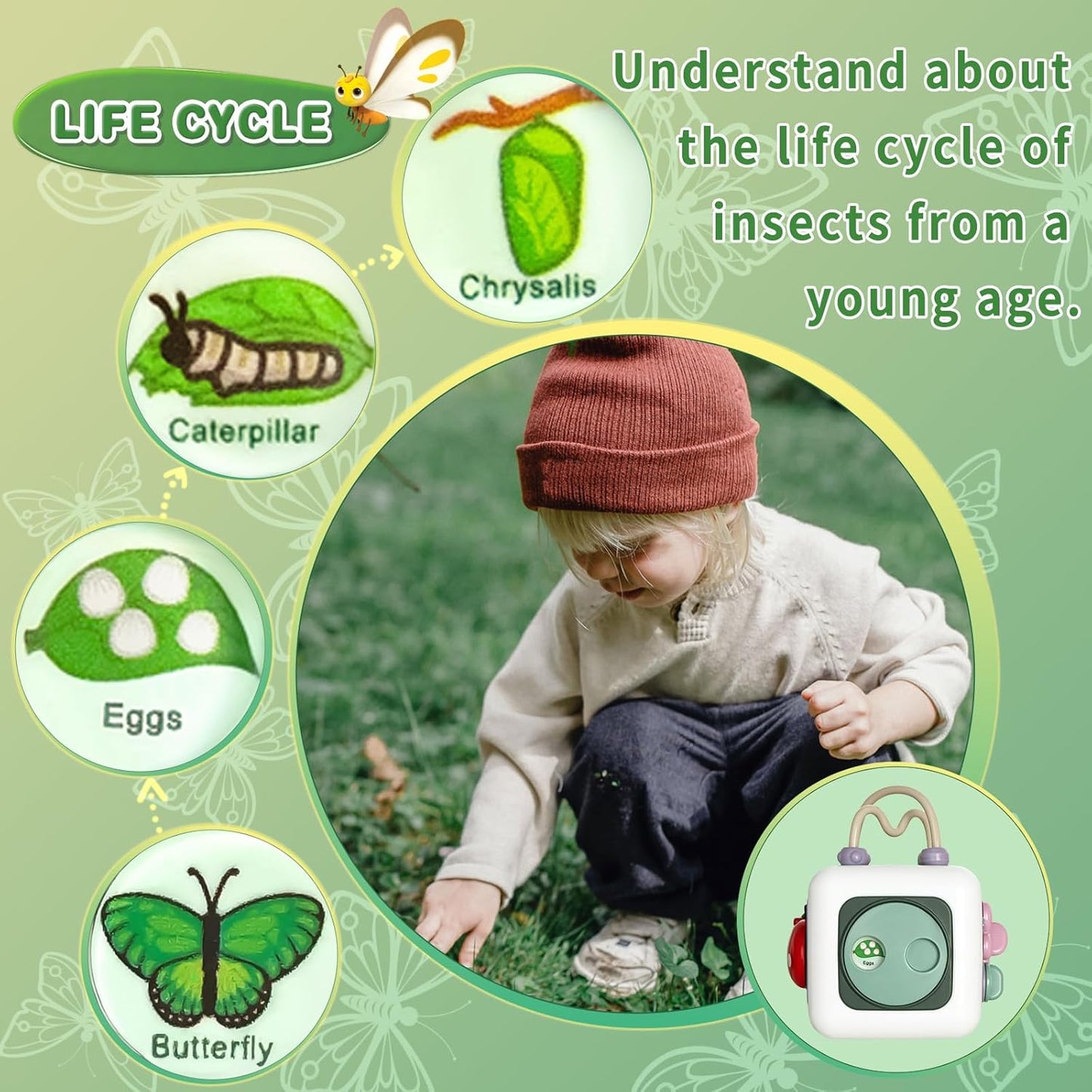 Montessori Educational Insect Busy Cube Toys for 1+ Year Old Boys Girls, Car Seat Airplane Travel Sensory Toys for Toddlers 1-3, 1st Birthday Gifts 6 12 Months