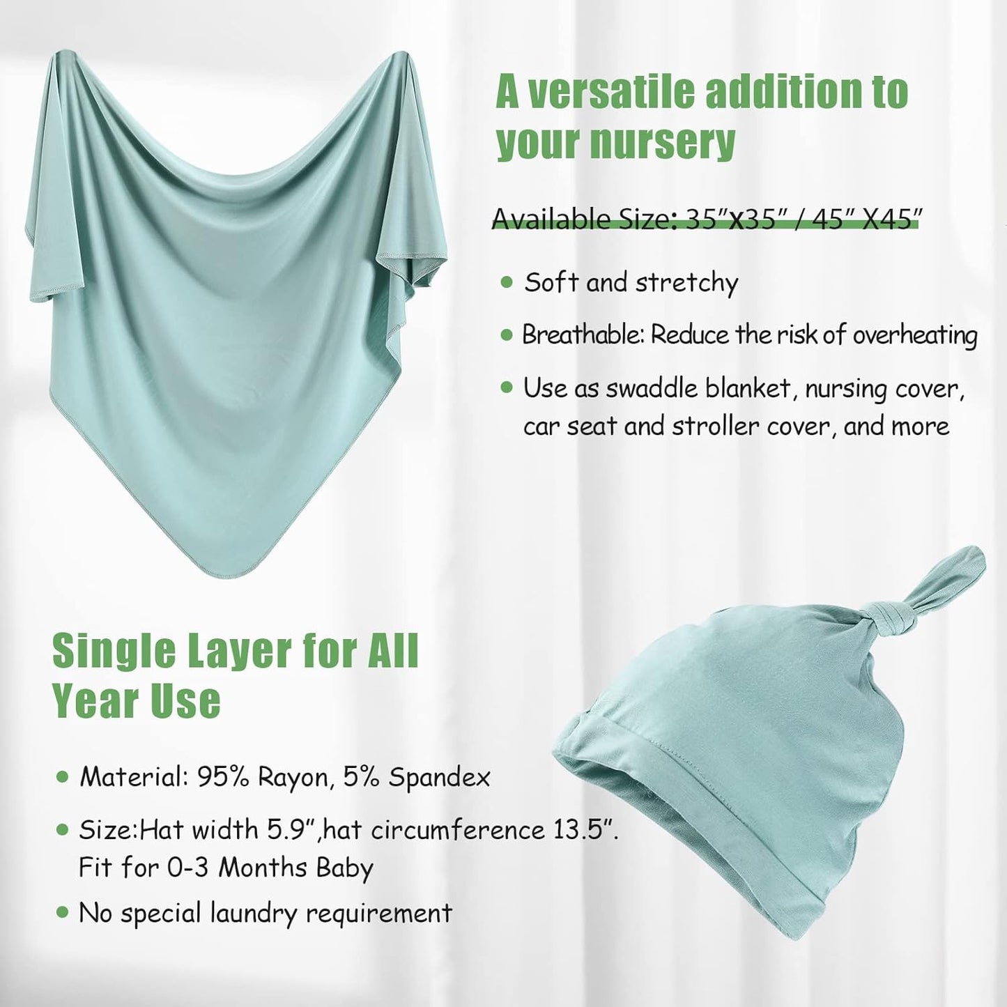 iEvolve Cotton Knitted Baby Swaddle Blanket with Hat Headband Set Newborn Swaddle Wrap Receiving Blankets for Baby Girl Boy 35" x 35"(LightGreen)