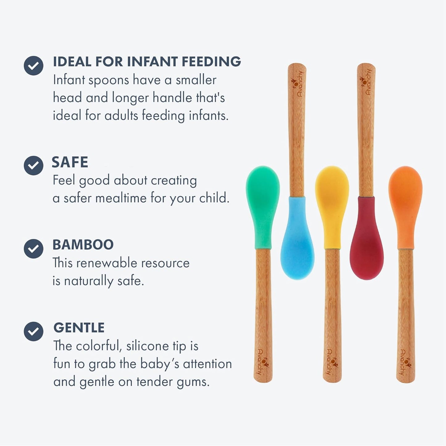Avanchy Bamboo & Silicone Infant Training Spoons, BPA Free - Soft Tip, Easy on Gums, First Stage Feeding Utensils for Baby-Led Weaning, Self-Feeding, Blue