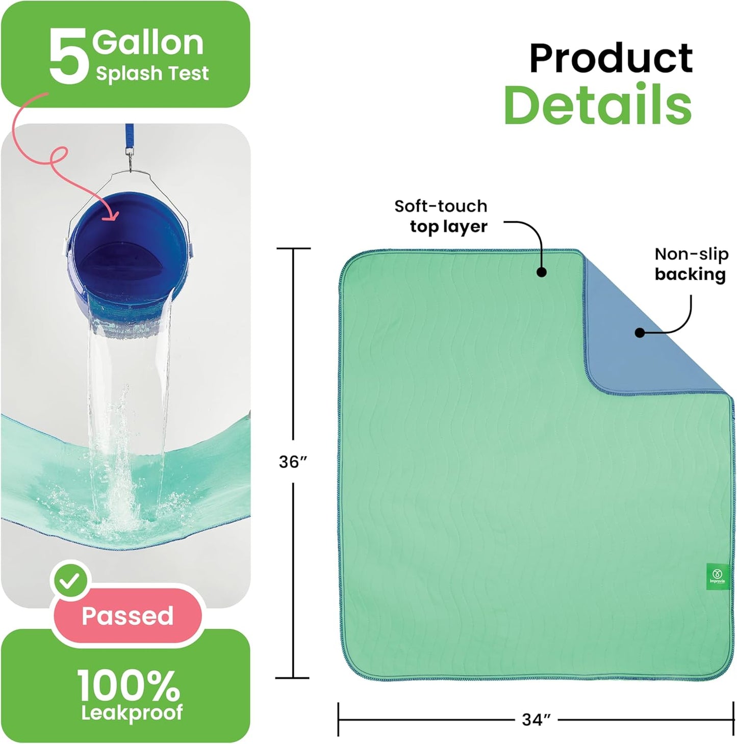 IMPROVIA® Washable Underpads, 34" x 36" (Pack of 10) - Heavy Absorbency Reusable Bedwetting Incontinence Pads for Kids, Adults, Elderly, and Pets Waterproof Protective Pad for Bed, Couch, Sofa, Floor