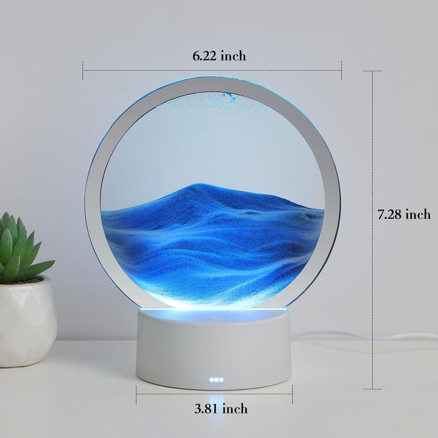 KPNUWN Moving Sand Art Liquid Motion, 3D Deep Sea Sandscape Color Quicksand Decor, Round Glass Moving Sand Art Picture Relaxing Desktop Home Office Work Decor (7 inch-Blue Light)