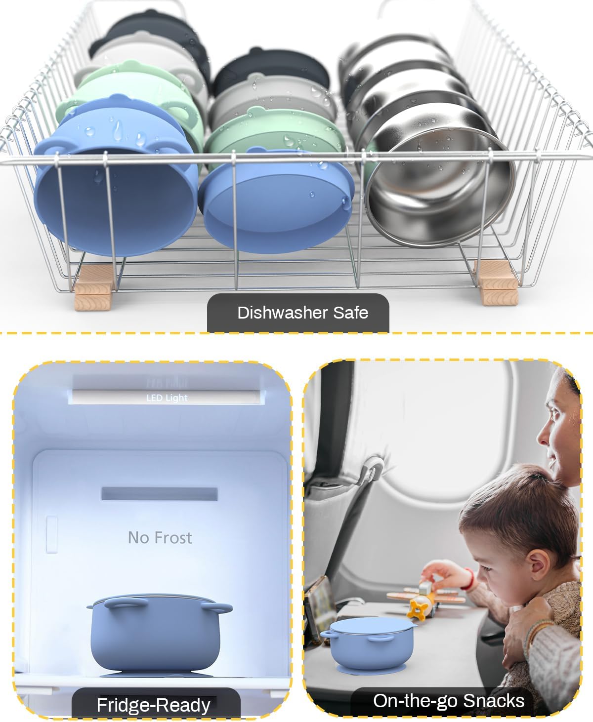 Baby Suction Bowls with Lids 4-Pack, 2-in-1 Stainless Steel 304 Toddler Bowl & Removable Silicone Suction Kids Bowl Plate Set Non Toxic Snack Dishes for Self-Feeding, Ocean Explorer Set