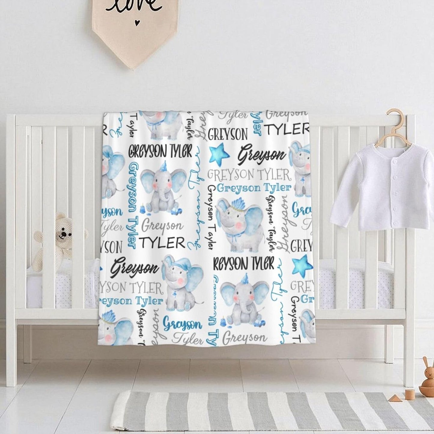 Personalized Elephant Swaddle Blanket with Name - Custom Baby Blanket for Boys & Toddlers - Kids & Newborn